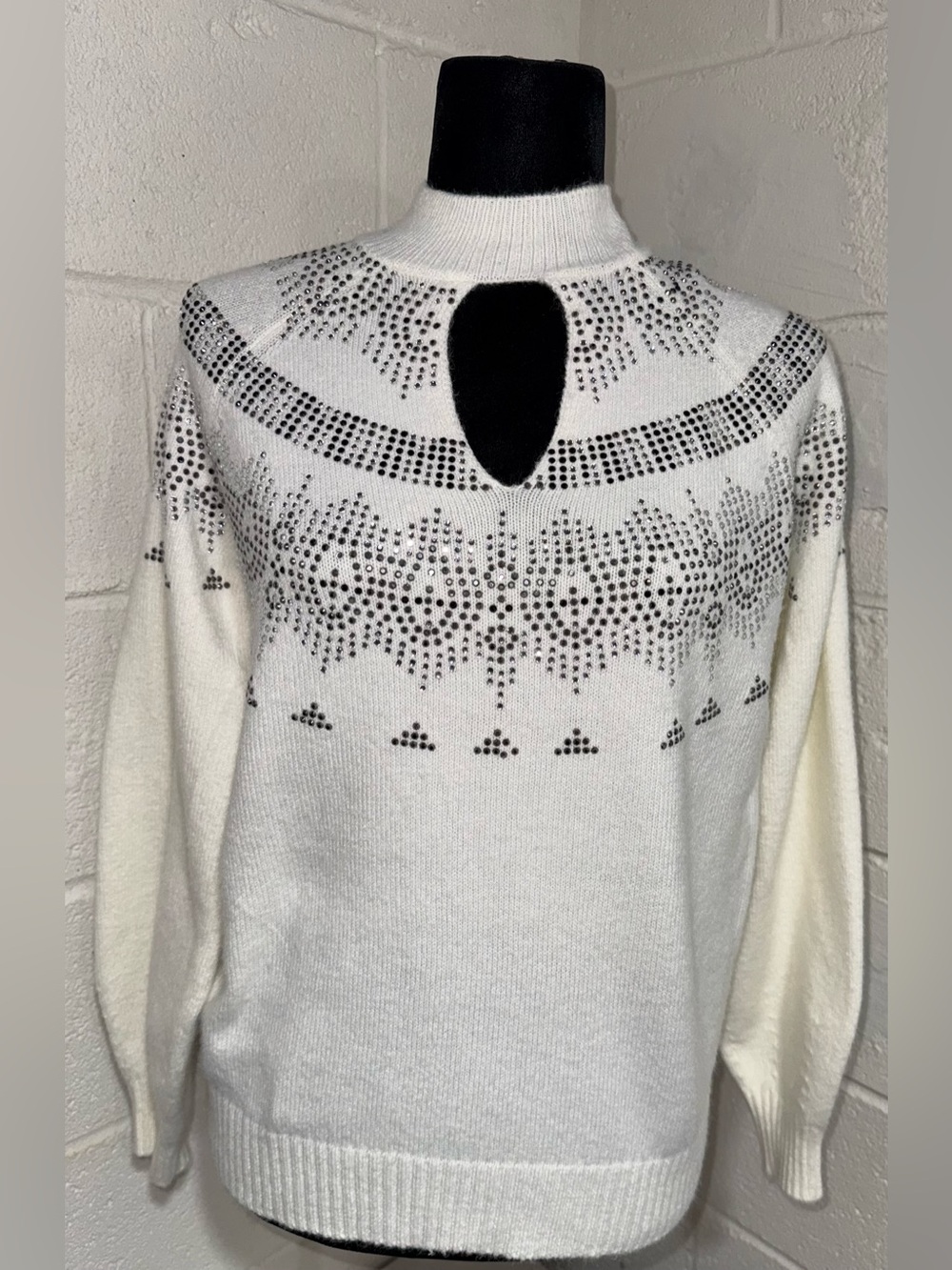 Cache Rhinestone Keyhole Mock Neck Sweater Ivory Knit White Gem Cold Weather XS